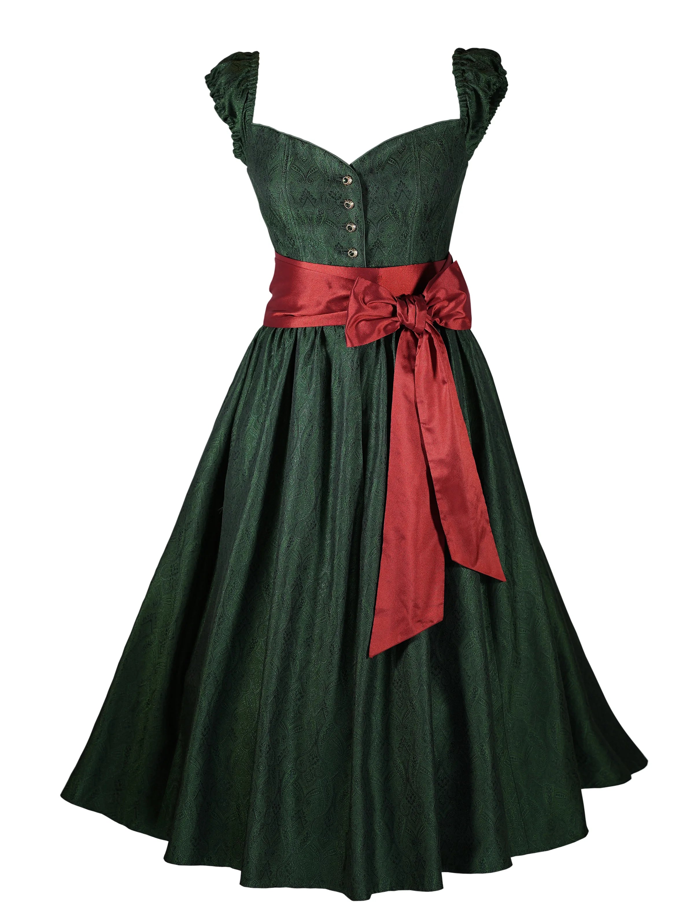 Zeigt das smaragd grüne Dirndl Sissi Smaragd von vorne mit roter Schleife. Detailaufnahme Dirndl in rot – ideal für Trachtenmode und Oktoberfest-Outfits.
