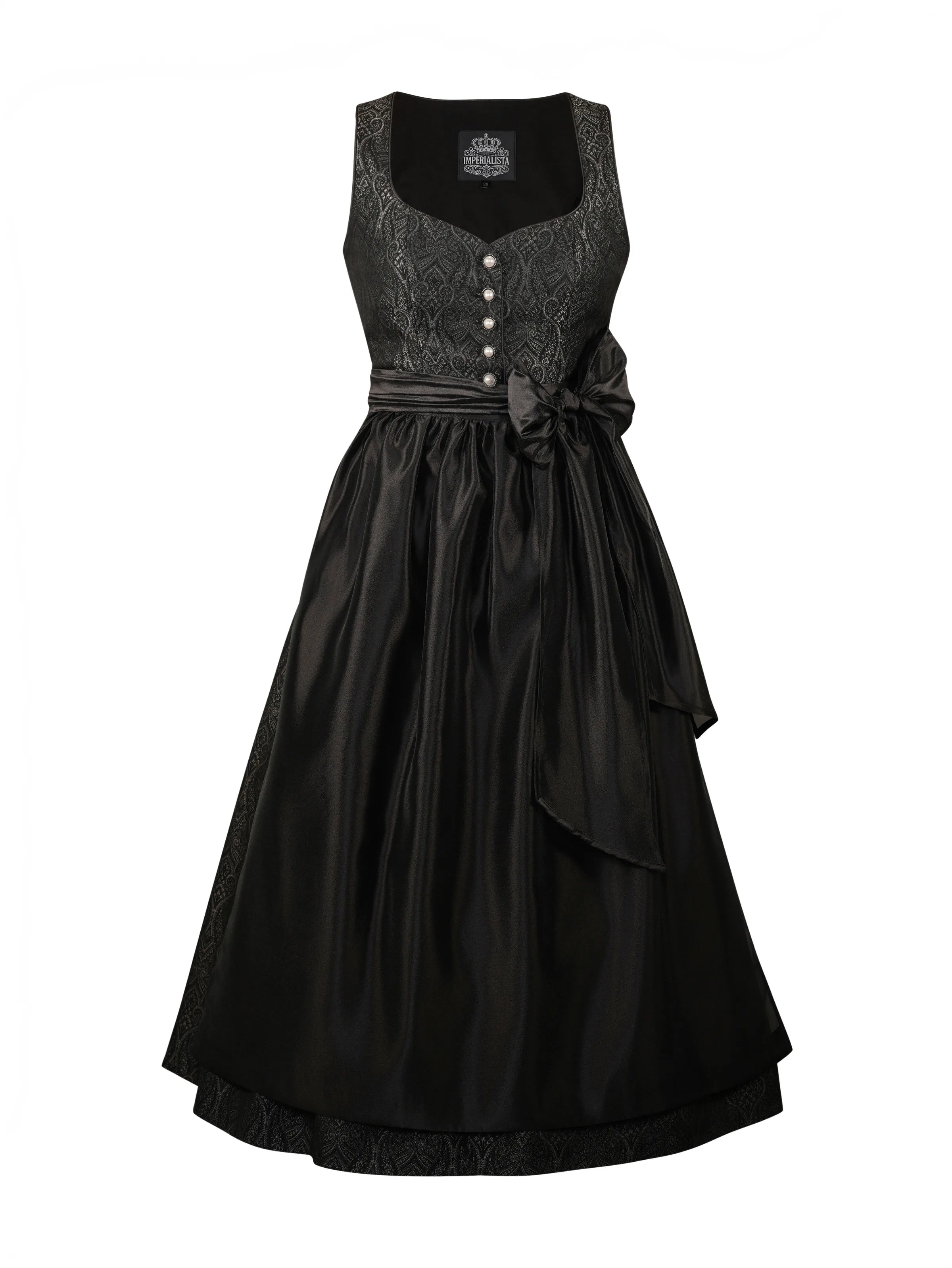 Zeigt das schwarze Dirndl Sophie Noir von vorne. Detailaufnahme Dirndl in schwarz – ideal für Trachtenmode und Oktoberfest-Outfits.