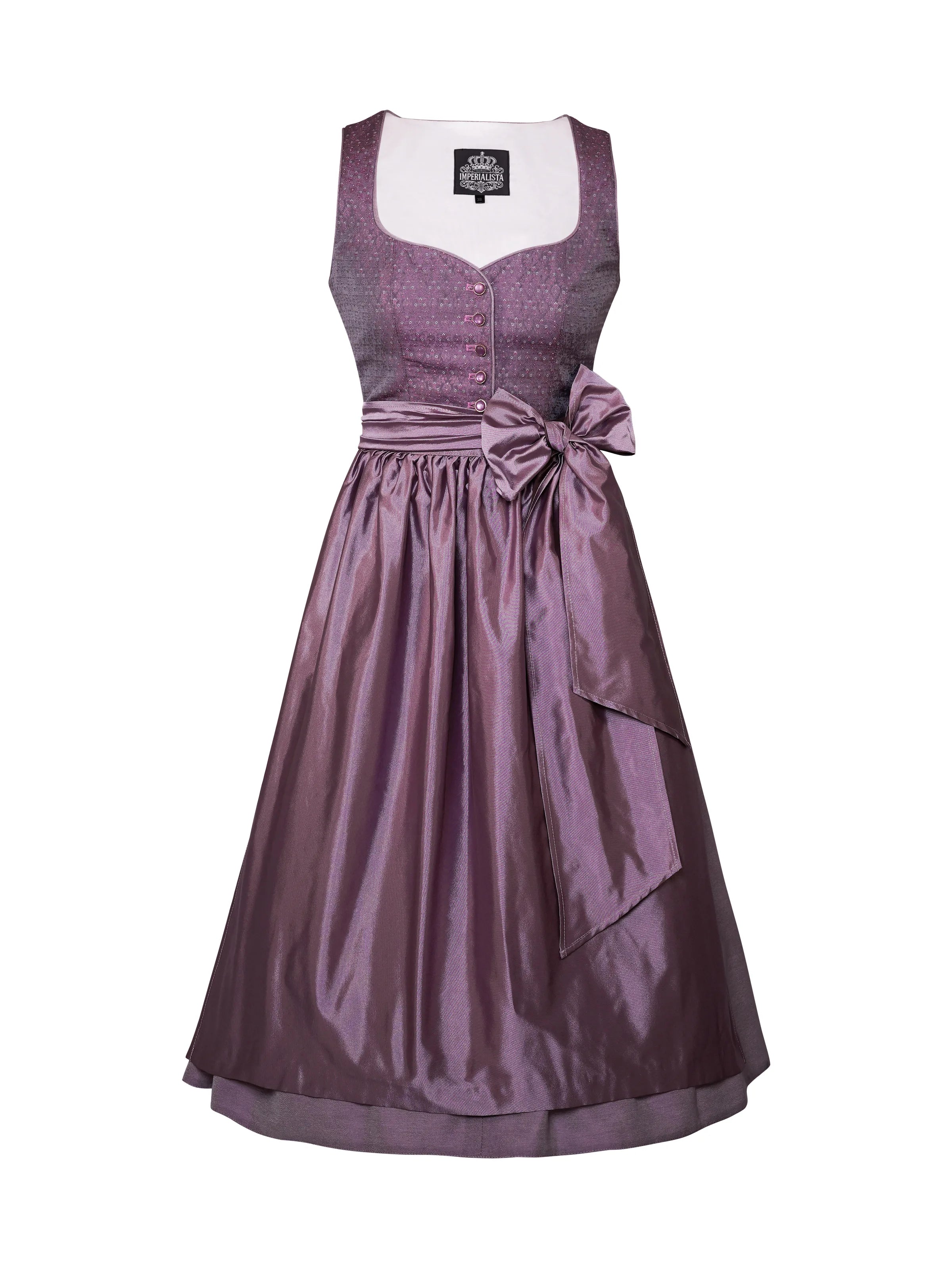 Zeigt das lila Dirndl Sophie Lilac von vorne ohne Schulterflügel. Detailaufnahme Dirndl in lila – ideal für Trachtenmode und Oktoberfest-Outfits.
