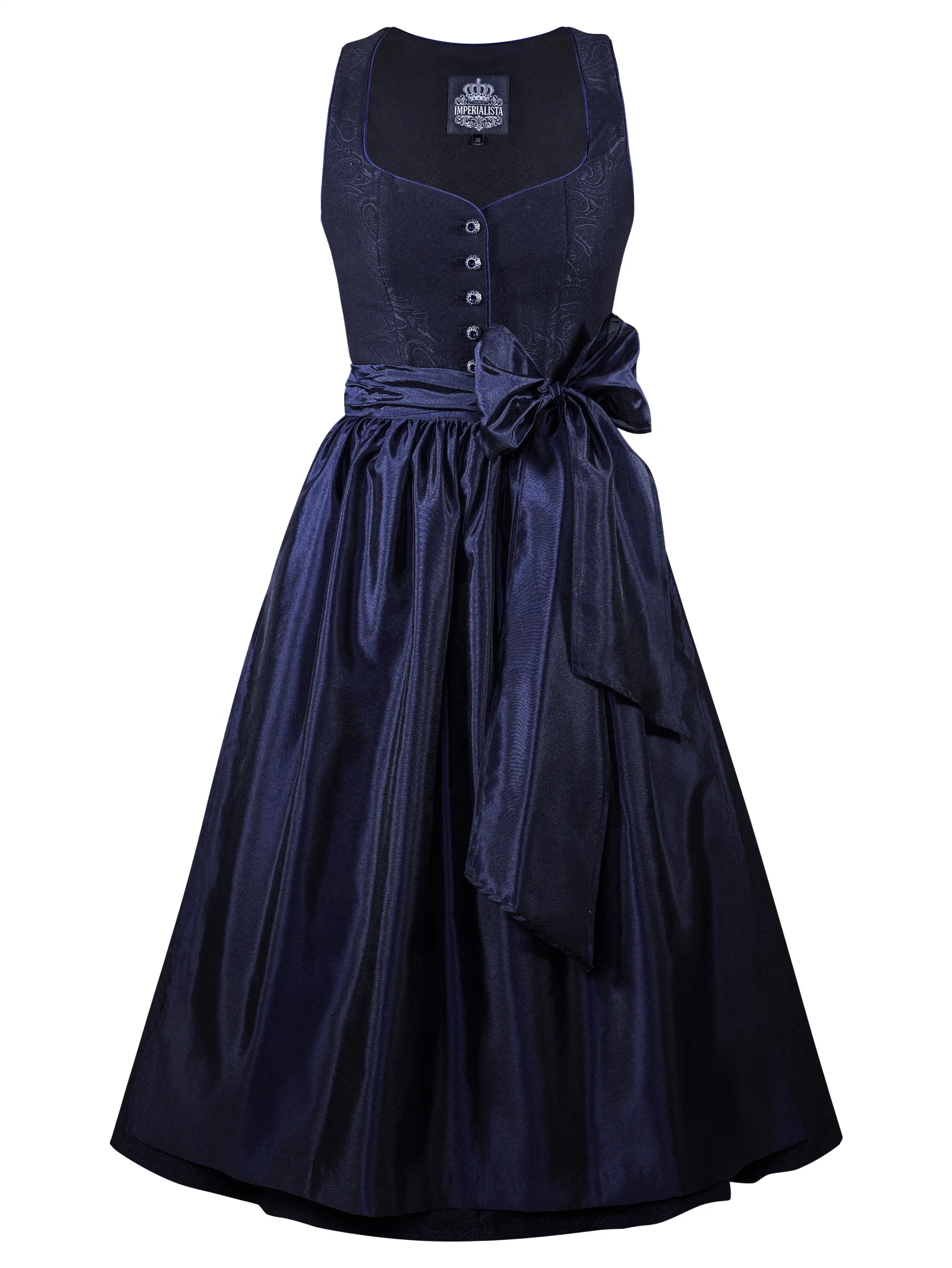Zeigt das mitternachtsblaue Dirndl Sohie Minuit von vorne ohne Schulterflügel. Detailaufnahme Dirndl in blau – ideal für Trachtenmode und Oktoberfest-Outfits.