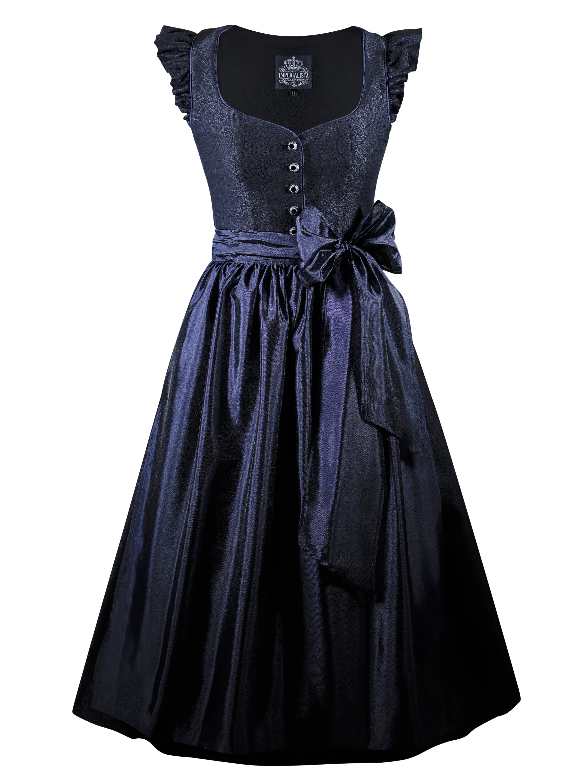 Zeigt das mitternachtsblaue Dirndl Sohie Minuit von vorne. Detailaufnahme Dirndl in blau – ideal für Trachtenmode und Oktoberfest-Outfits.