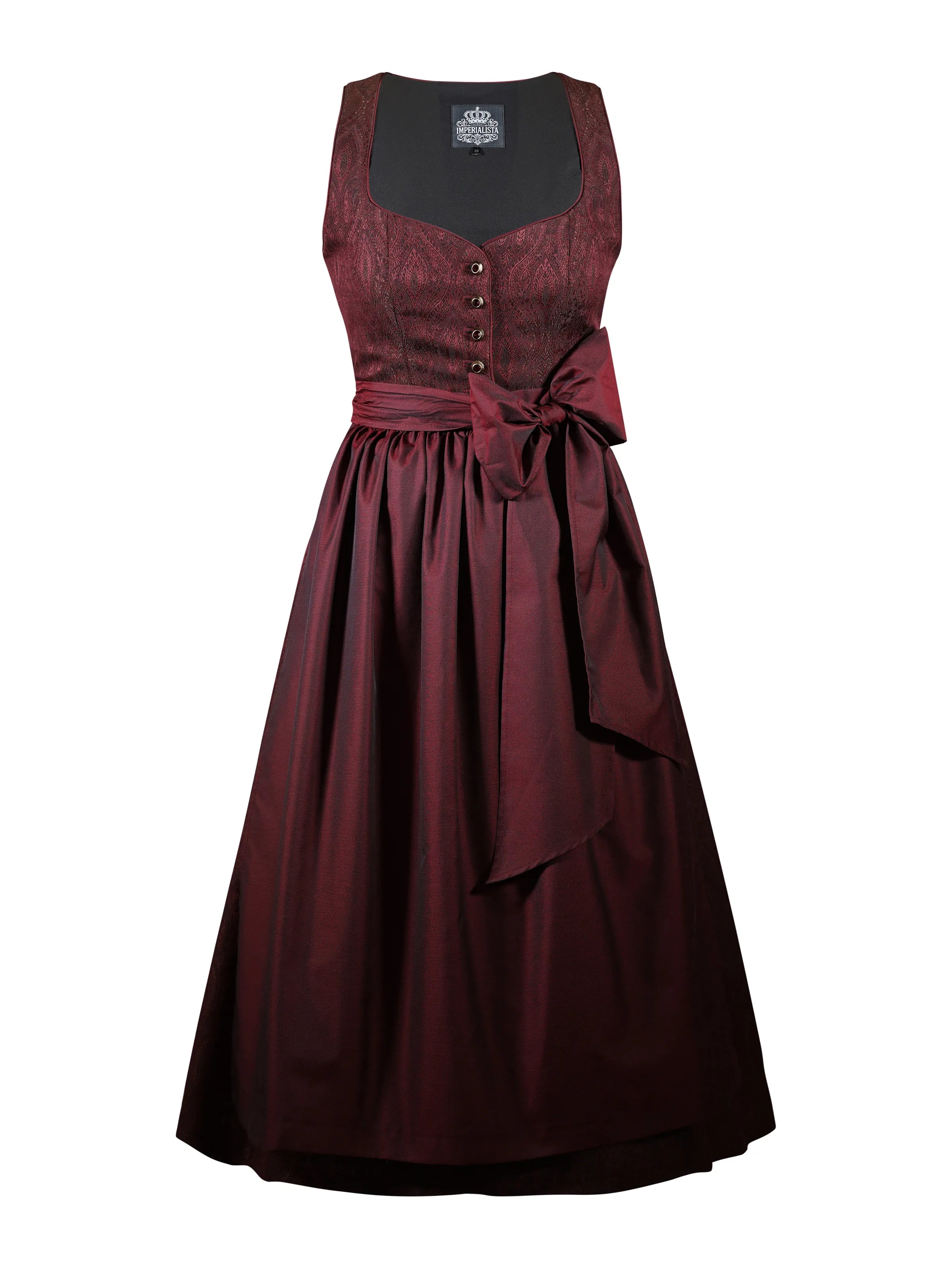 Zeigt das rote Dirndl Sohie Rouge von vorne ohne Schulterflügel. Detailaufnahme Dirndl in rot – ideal für Trachtenmode und Oktoberfest-Outfits.