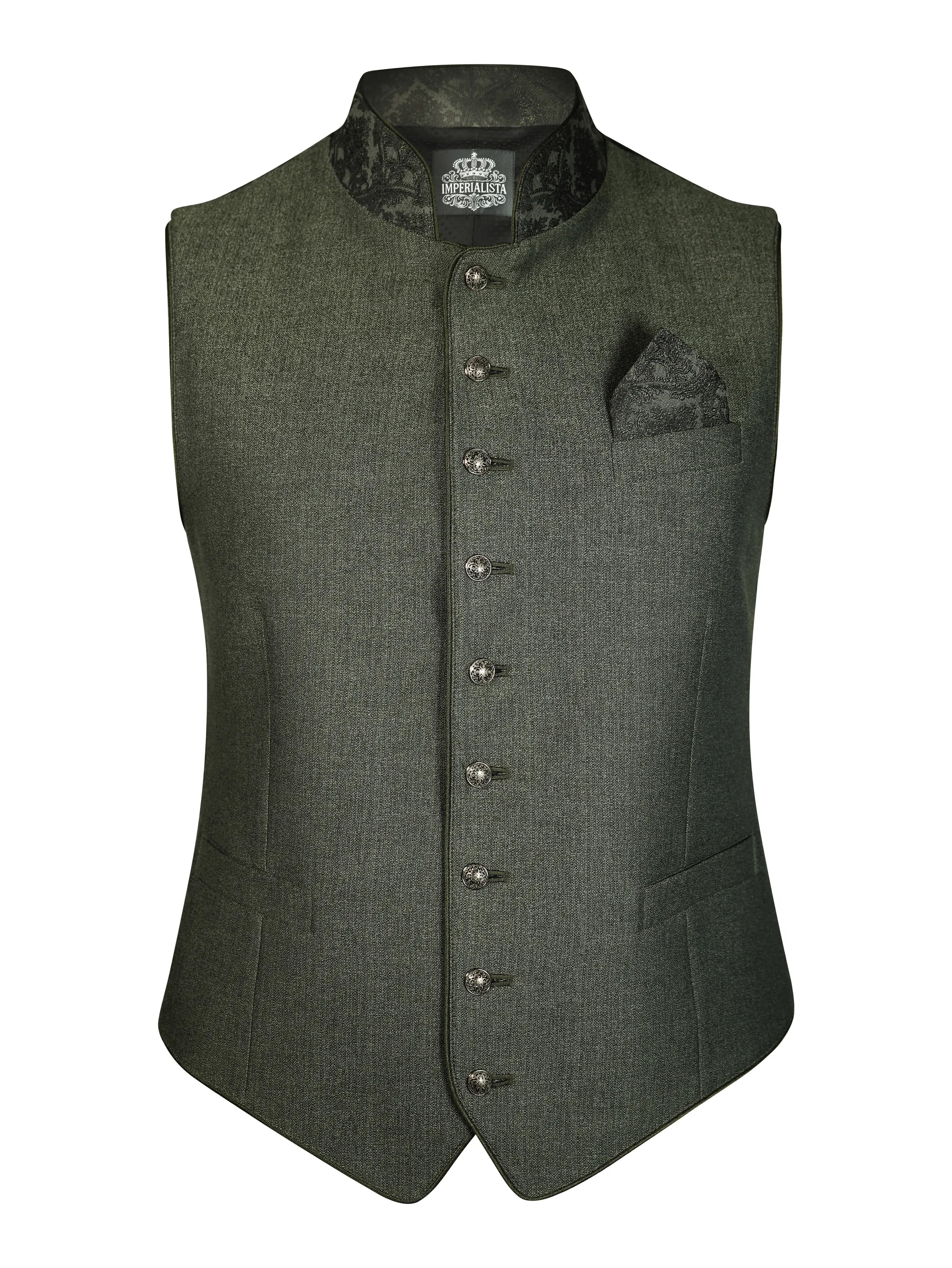 Zeigt die grüne Weste Franz Chene von vorne. Klassische Herrenweste in – für stilvolle Trachtenlooks.