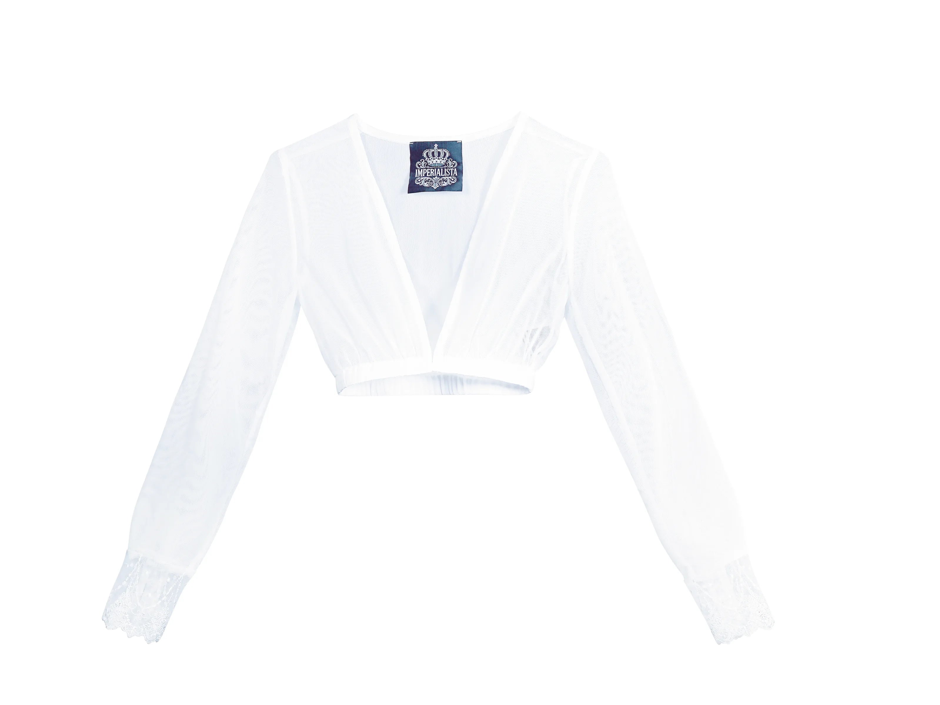 Zeigt die Bluse Gisela von vorne sie ist weis. Elegante Damenbluse in  – perfekt für Trachten und festliche Anlässe.