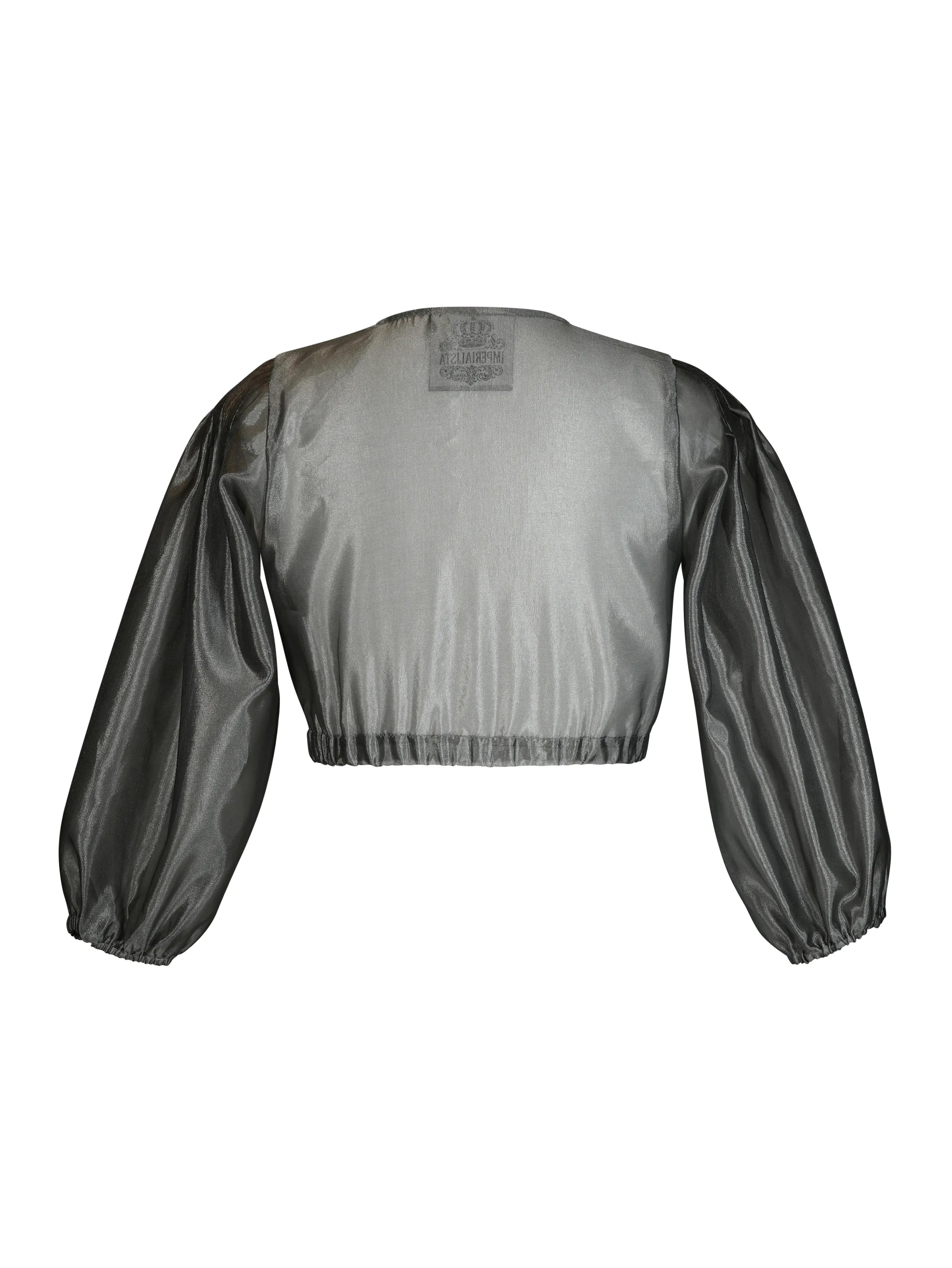 Zeigt die silbergraue Bluse Argentee von hinten. Elegante Damenbluse in silbergrau – perfekt für Trachten und festliche Anlässe.
