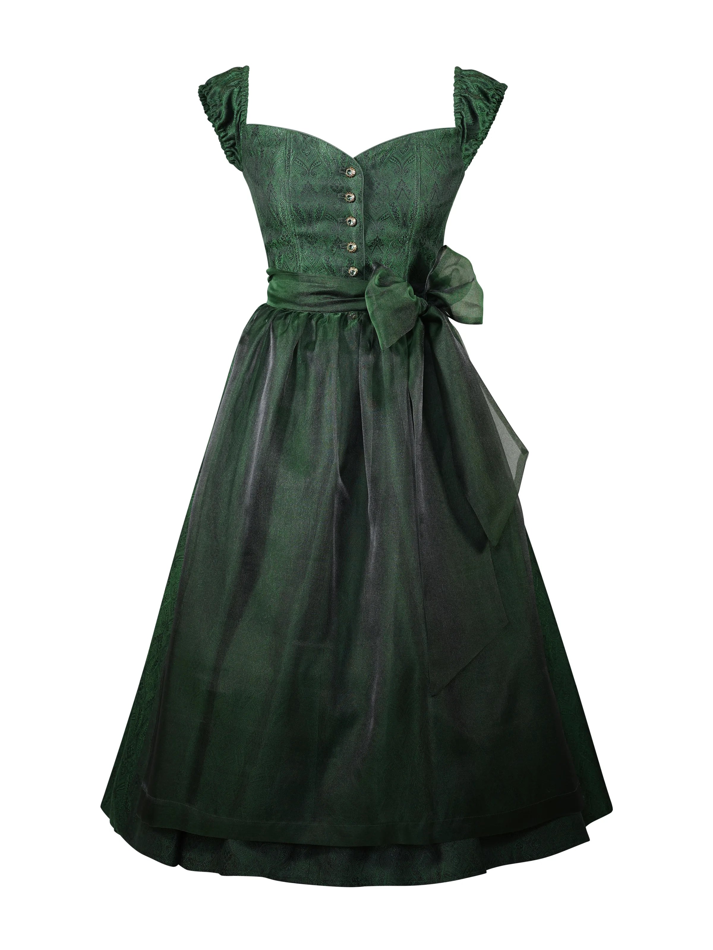 Zeigt das smaragd grüne Dirndl Sissi Smaragd von vorne mit grüner Schleife. Detailaufnahme Dirndl in smaragd – ideal für Trachtenmode und Oktoberfest-Outfits.