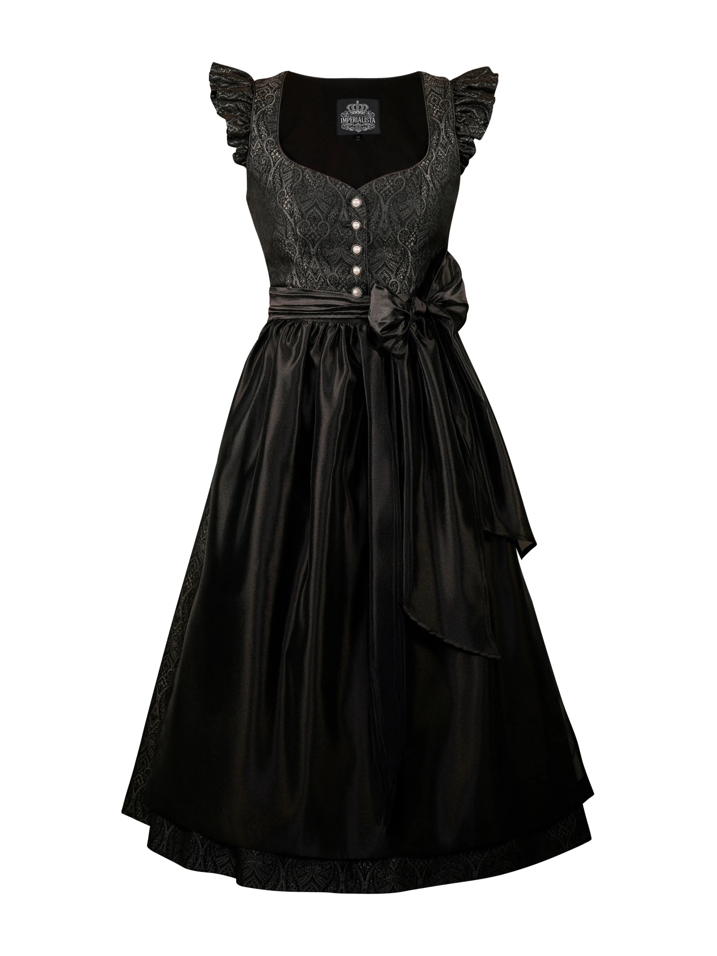 Zeigt das schwarze Dirndl Sophie Noir von vorne mit Schulterflügel. Detailaufnahme Dirndl in schwarz – ideal für Trachtenmode und Oktoberfest-Outfits.