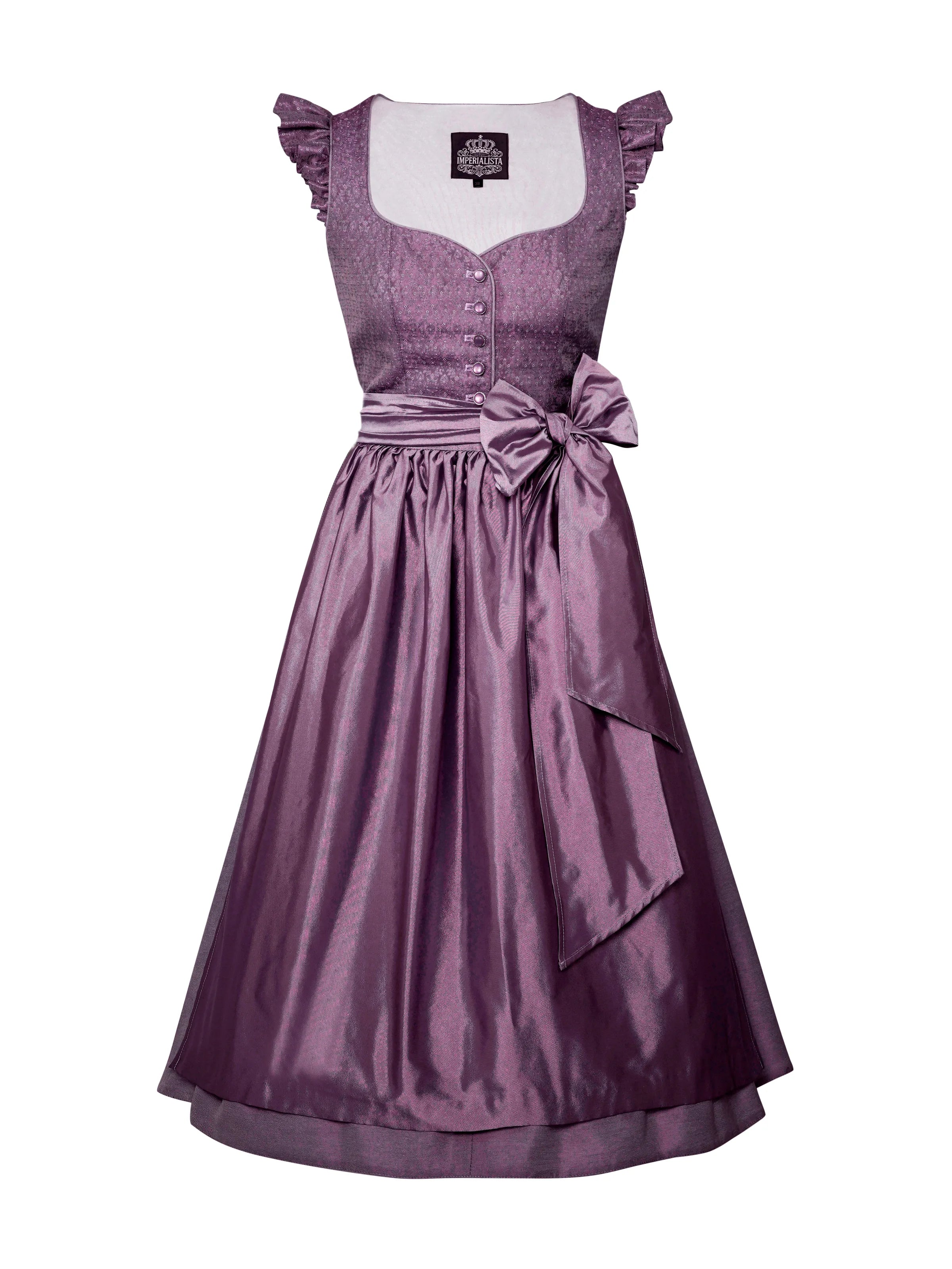 Zeigt das lila  Dirndl Sophie Lilac von vorne. Detailaufnahme Dirndl in lila – ideal für Trachtenmode und Oktoberfest-Outfits.