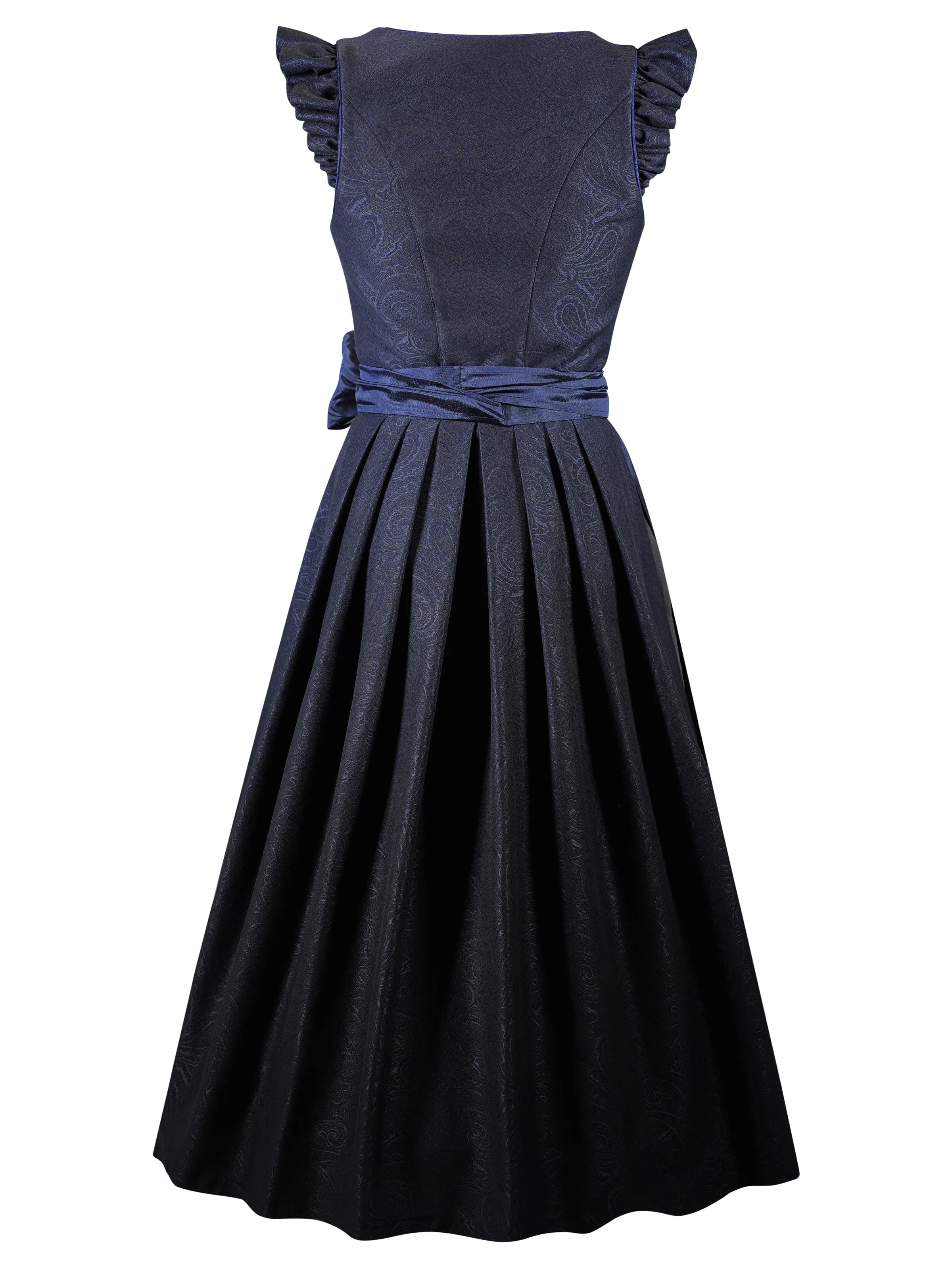 Zeigt das mitternachtsblaue  Dirndl Sohie Minuit von hinten. Detailaufnahme Dirndl in blau – ideal für Trachtenmode und Oktoberfest-Outfits.