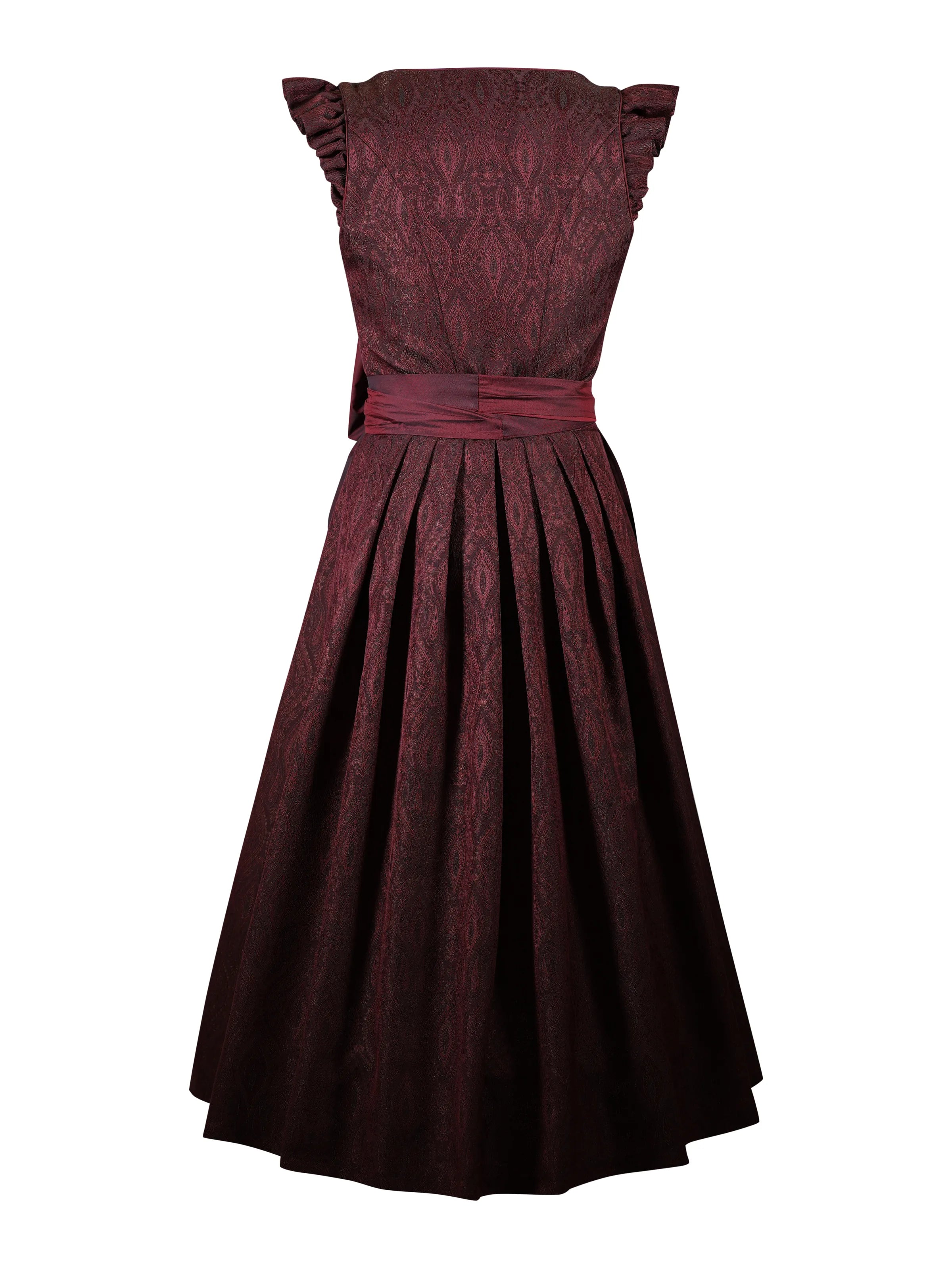 Zeigt das rote  Dirndl Sohie Rouge von hinten. Detailaufnahme Dirndl in rot – ideal für Trachtenmode und Oktoberfest-Outfits.