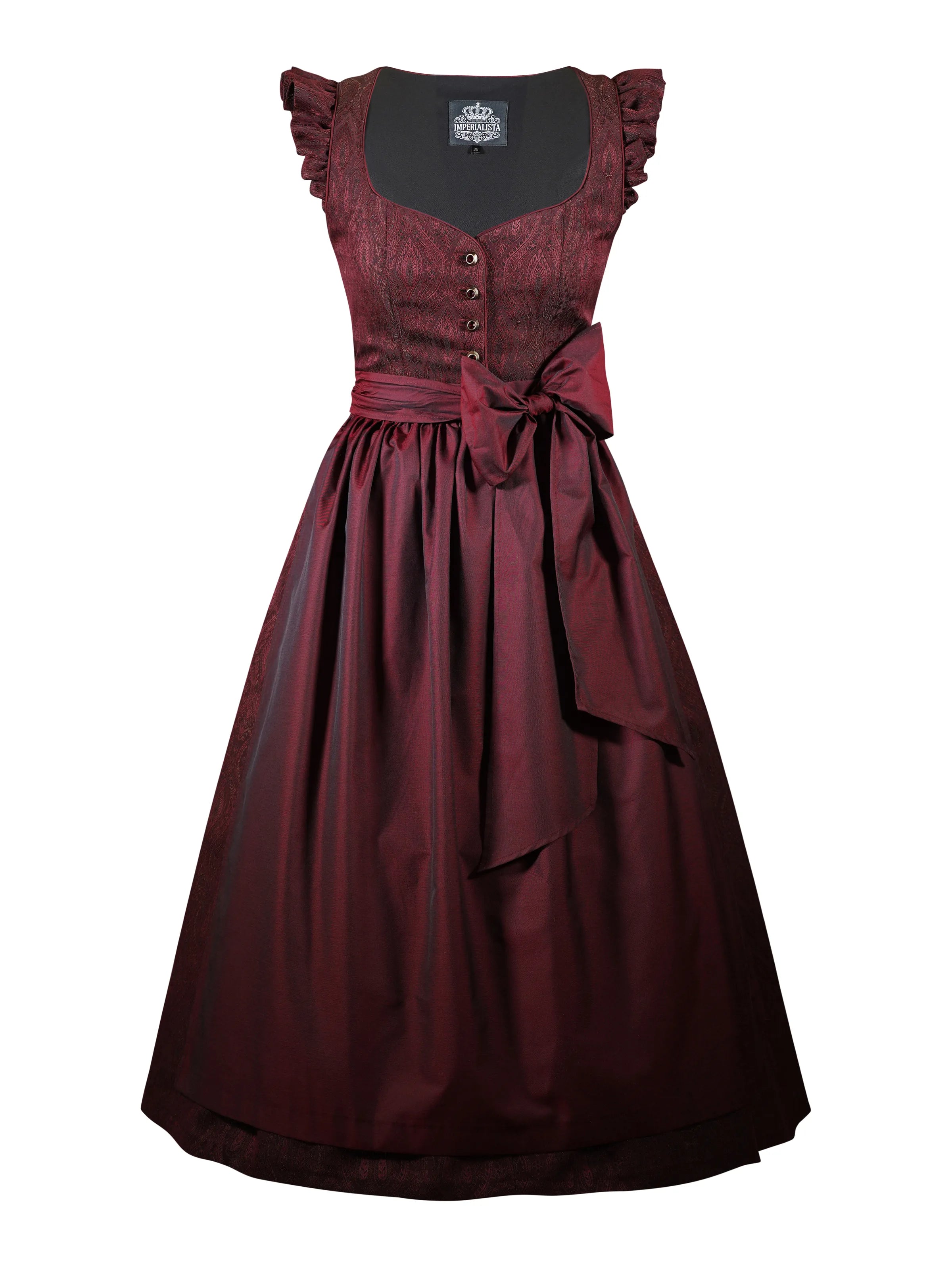 Zeigt das rote  Dirndl Sohie Rouge von vorne mit Schulterflügel. Detailaufnahme Dirndl in rot – ideal für Trachtenmode und Oktoberfest-Outfits.